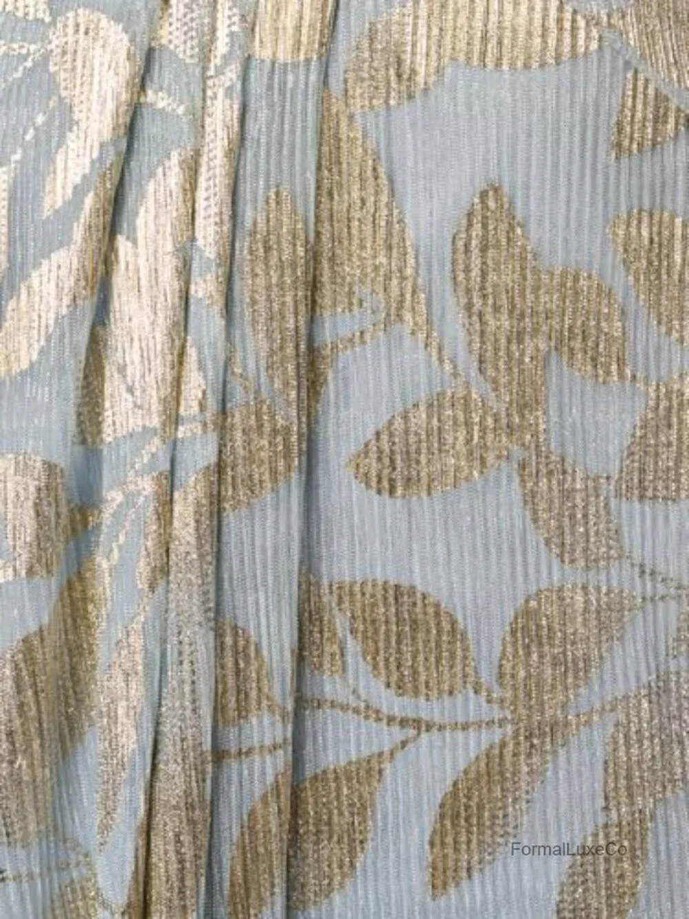 Foil Leaf Draped Gown Maxi Formal Dress Metallic Knit Surplice Neck Short